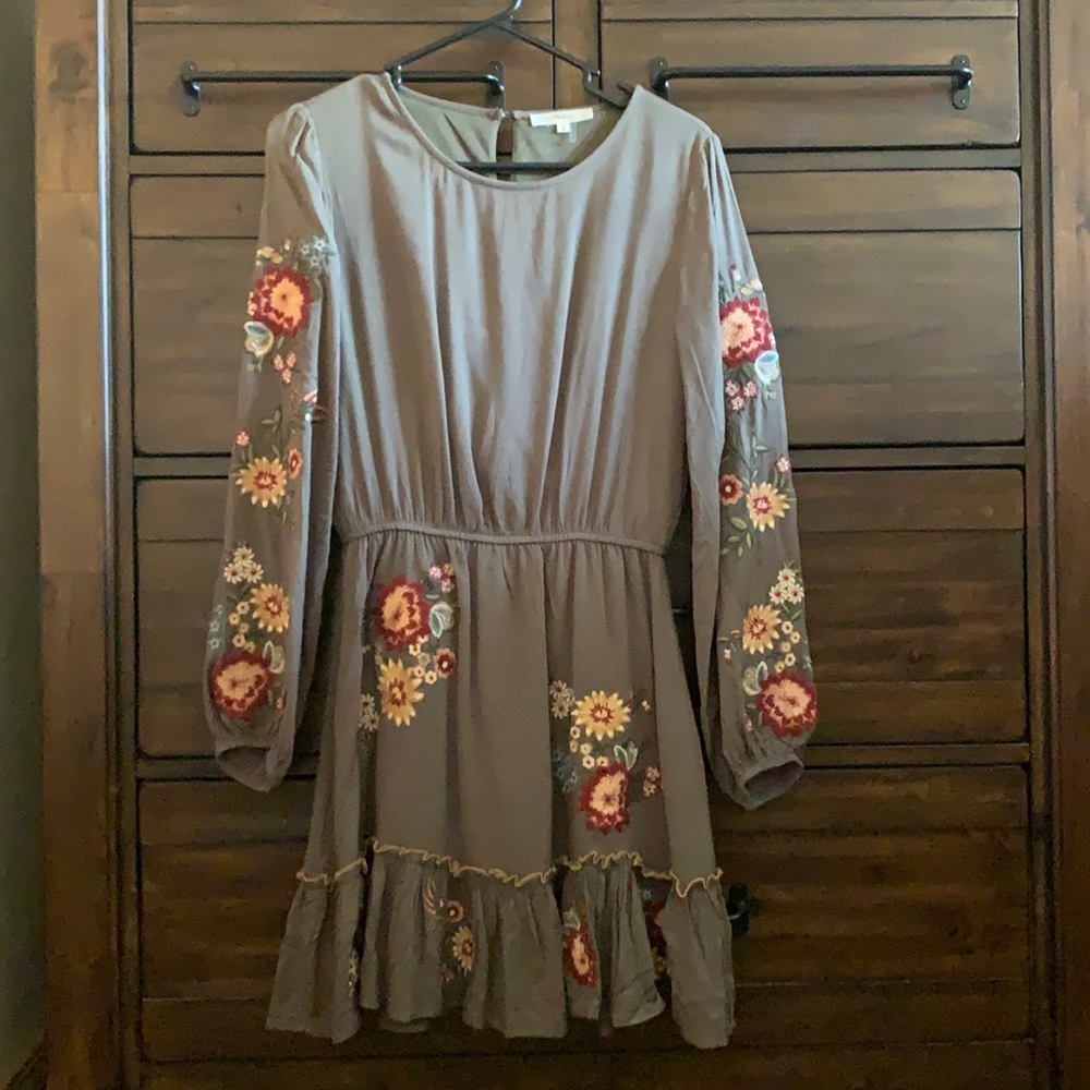 Olive Floral Embroidered Dress